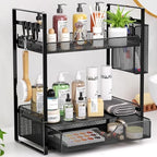 VITVITI 2 Tier Bathroom Organizer Countertop with Drawer, Metal Mesh Bathroom Counter Vanity Organizer Storage, Bath Room Sink Kitchen Spice Rack with Basket Hooks, Black by VITVITI