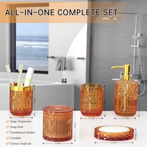 Orange Glass Bathroom Accessories Set 5 Pcs, Orange Bathroom Set, Soap Dispenser and Toothbrush Holder Set, Qtip Holder Set, Vintage Bathroom Sink Set, Cute Bathroom Decor - Image 6