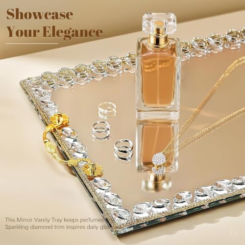 Large Crystal Tray Modern Glass Mirror Jewelry Trinket Trays with Diamond - Image 2