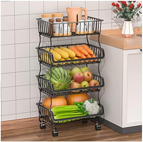 Gsiekare Fruit Vegetable Basket for Kitchen, 4 Tier Stackable Metal Wire Storage Basket Organizer Baskets with Rolling Wheels, Utility Rack for Kitchen, Pantry, Bathroom by Gsiekare