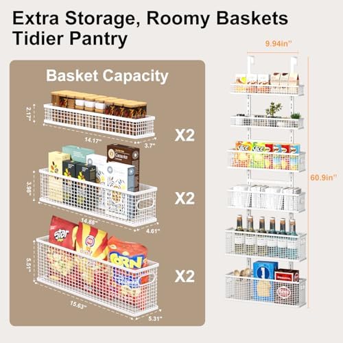 6-Tier Over The Door Pantry Organizer,Hanging Spice Rack,Grid Basket,White - Image 5