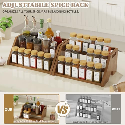 Bamboo Spice Rack Organizer -3-Tier Spice Rack for Countertop,Cabinet Spice Rack Organizer for 18 Spice Jars(4oz)，Step Shelf(Walnut) - Image 4