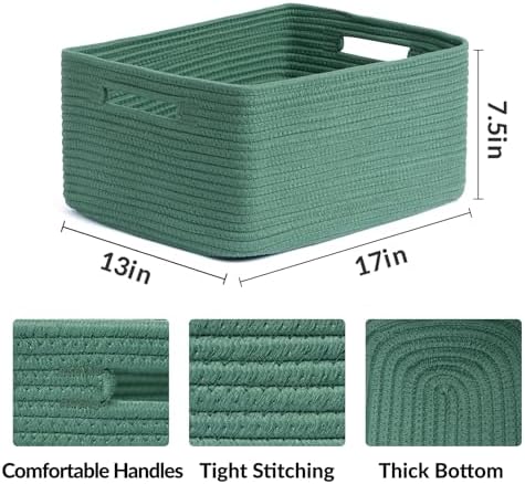 MiniArk Large Storage Baskets for Shelves, 17 x 13 x 7.5” Closet Organizers Bins for Clothes Blanket Towels, Baby Nursery, Toy Baskets Box, Woven Rope Baskets, 3 Packs Green - Image 2