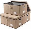 PRANDOM Storage Bins with Lids [3-Pack] Jute Fabric Foldable Storage Boxes Organizer Containers Baskets Cube with Cover for Home Bedroom Closet Office Nursery khaki（23.4X15.9X11.5 by Prandom