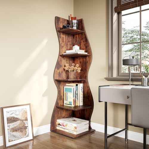 LITTLE TREE 70-Inch Corner Shelf, Seaweed Shaped Etagere Display Bookshelf, Freestanding 5-Tier Wall Shelves for Small Spaces, Living Room, Bedroom, Rustic, 1 Pack - Image 7