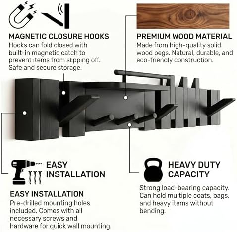 Mid Century Modern Walnut Foldable Entryway Wall Coat Hanger Hook with Shelf,Heavy Duty Wooden Piano Hidden Towel Hooks for Bathroom,Wall Rack for Purse&Key&Mail,Home Decor (Black, 9 Hooks) - Image 4