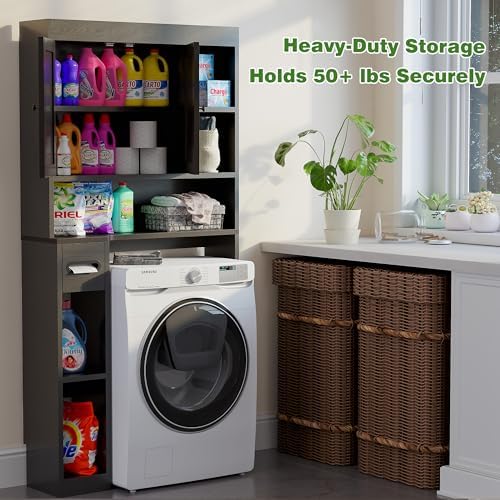Over The Toilet Storage Cabinet with 7 Shelves, Imitation Walnut Grain Above Toilet Bathroom Organizer with Toilet Paper Holder Stand, Space Saver for Restroom, Laundry, Bathroom (Black) - Image 4