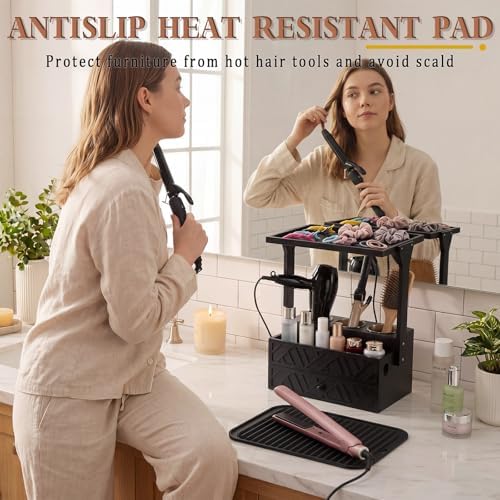 Lewtemi Makeup and Hair Organizer Wood Hair Dryer Holder Heat Mat Bathroom - Image 5