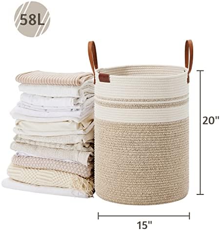 VIPOSCO 58L Tall Woven Rope Laundry Hamper, Leather Handles, Brown & White - Image 5