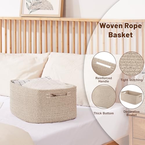 OIAHOMY Storage Basket for Shelves, Closet Cube Storage Bins Baskets for Clothes Blanket Towels, Baby Nursery, Toy Baskets Box, Woven Rope Basket, 17.72 * 12.99 * 7.87 IN, 2 Packs Brown - Image 3