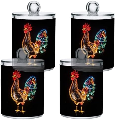 Fustylead 4 Pack Rooster Animal Composed Of Musical Instruments Qtip Holder Dispensers, Plastic Apothecary Jar Bathroom Accessories Set for Cotton Ball, Swab, Round Pads, Floss by Fustylead