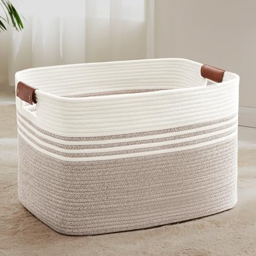 86L Large Woven Laundry Basket Hamper with Leather Handles,Brown​ by SunNewt