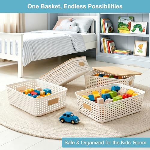 Bagnizer 4 Pack Plastic Storage Bins with Bamboo Lids, 6.2qt Stackable Storage Organizer Box with Lable for Pantry Shelves Drawers Desktop Office, 12"L x 8.3"W x 3.5"H, Cream White - Image 4