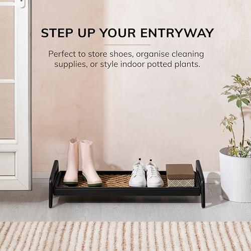 Anji Mountain Heavy Duty Waterproof Wooden Shoe Storage Mat Organizer/Boot Storage Tray Multi Use for Entryway with Coir, Tan and Black Diamond Insert, 1 Tier, Fits 3 Pair (36.5" Wide) - Image 2