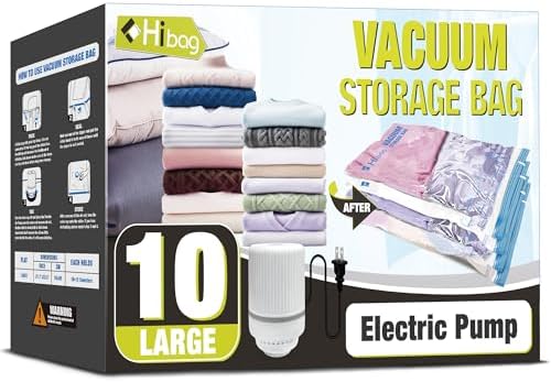 HIBAG Vacuum Storage Bags with Electric Pump, Vacuum Seal Bags for Clothing, Pillows, Blanket Bedding Comforters, 10 pack Large by HIBAG
