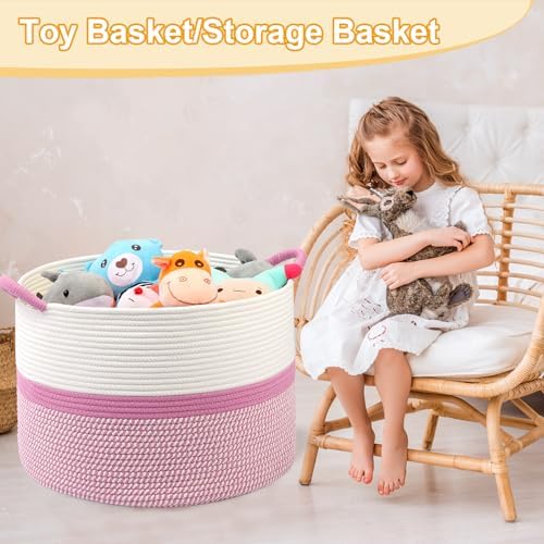 Pink Laundry Basket,20''x13''Woven Cotton Rope Laundry Hamper,Large Blanket Basket for Living Room,Baby Baskets,Kids Toy Storage Basket for Organizing,Woven basket,Clothes Hamper,Room Decor - Image 4