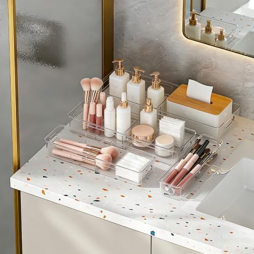 4 Pcs Expandable Drawer Organizer, Adjustable Desk Drawer Organizer with Dividers, 4-Sizes Plastic Storage Bins for Makeup, Kitchen, Bathroom Vanity, Office & Gadgets Drawer - Image 4