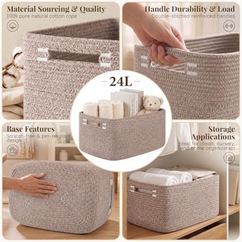 OIASKET 4Packs Natural Cotton Rope Storage Baskets for Organizing Toys, Clothes, Towels & Books, Soft Versatile Organizers for Shelves, Home Decorative Bins, 15.7''Lx11.8''Wx7.8''H, Linen Brown - Image 3