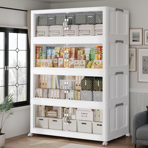 640QT Extra Large Stackable Storage Bins with Lid, 160Gal Plastic Closet Organizers and Storage Drawer, Collapsible Cabinet Box with Wheels Clear Doors for Home Kitchen Office, 4Pack White by QAVABIN