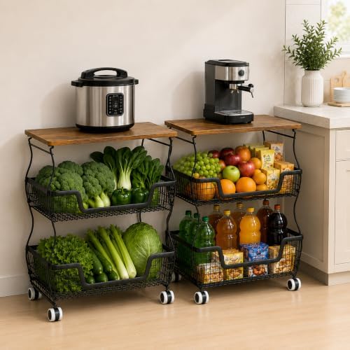 Fruit and Vegetable Storage, 2 Pack 3 Tier Fruit Basket with Wooden Top Table Kitchen Pantry Storage Bins and Organizers, Stackable Metal Rolling Cart for Vegetable Snacks Drinks Onion Organization by Unknown