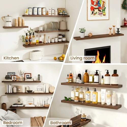Dreamland 72Inch Floating Shelves for Wall, Rustic Wooden Walnut Floating Shelves for Living Room, Kitchen, Farmhouse, Deep Wall Mounted Book Shelf, Wood Storage Display Shelf for Home Decor, Set of 2 - Image 7