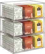 3 Pack Clear Tea Bag Organizer Drawer, Stackable Tea Storage Chest with Dividers for Kitchen, Pantry, Bathroom, Vanity, Countertop – Multi-Purpose Coffee, Cosmetic, Jewelry, Craft Acrylic Storage Bins by Jywantful