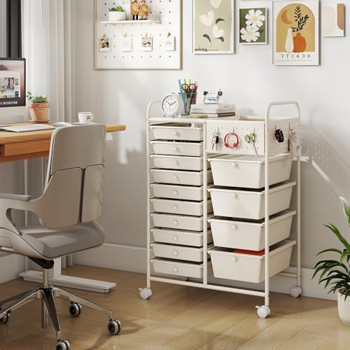 Giantex 14 Drawer Storage Cart, Rolling Craft Cart with Metal Tabletop & Pegboard, Mobile Utility Organizer Trolley with Locking Wheels, Home Office, Ivory - Image 2