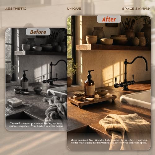 Pine Wood Farmhouse Bathroom Tray for Kitchen Counter, Vanity, Sink, Brown - Image 5