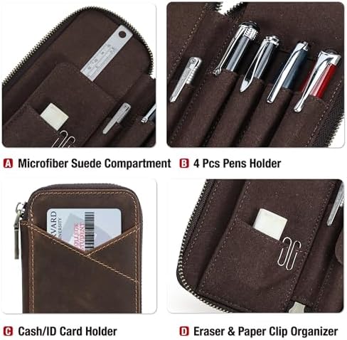 Top Grain Genuine Leather 4 Fountain Pen/Pencil Case Pouch, Handmade Minimalist Design, Zipper Closure with Multi-Function & Slots, Gift Choice for Man/Woman/Office, Glossy Black, 4 Slots - Image 6