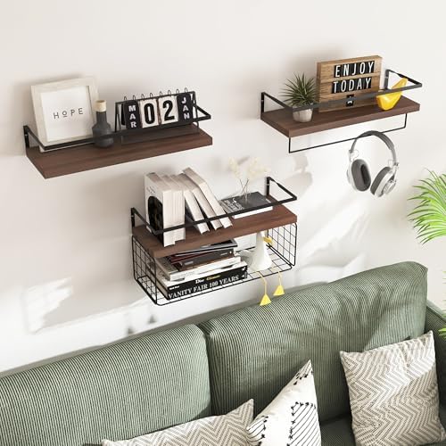 Wood Floating Shelves Wall Mounted - 3+1 Tier Rustic Bathroom Shelves Over Toilet with Wire Storage Basket &Towel Bar, Set of 3 Farmhouse Floating Shelf for Bathroom,Kitchen,Bedroom,Dark Brown. - Image 6