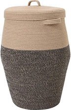 26"x20" Extra Large Tall Woven Laundry Basket with Lid, Cotton Rope Blanket Storage Basket, Freestanding Decorative Bin for Bedroom Living Room, Jute & Black Mix by Cottonphant