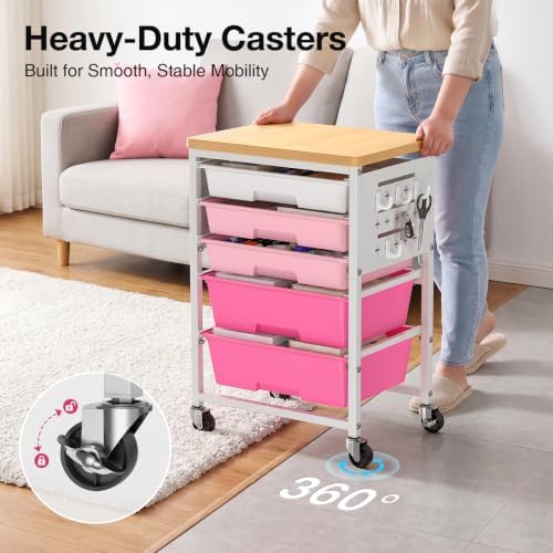 ALVOROG Rolling Storage Cart with 5 Drawers,Pegboards,Wooden Top,Bins,Pink - Image 6