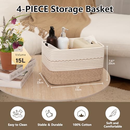 OIASKET 4 Pack Storage Baskets for Organizing, 13"X9"X7.87", Decorative Cotton Rope Baskets for Shelves, Small Woven Basket for Toys, Books and Towels, Brown & White - Image 3