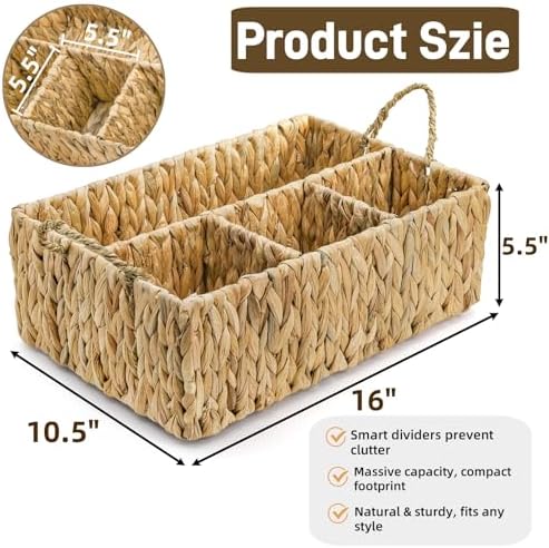 Divided Water Hyacinth Storage Basket, 4 Section Natural Wicker Storage Bin, Woven Storage Organizer with Handle, Large Basket for Shelves Countertop Bathroom Pantry, 16" L x 10.5" W x 5.5" H - Image 2