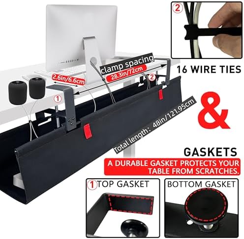 Under Desk Cable Management No Drill – 48" L x 6" W Cord Organizer, Upgraded Silicone Pads (No Scratch), 16 Cable Slots, Washable PE Honeycomb Base, Fits Desks 0–2.1" Thick, Black - Image 2