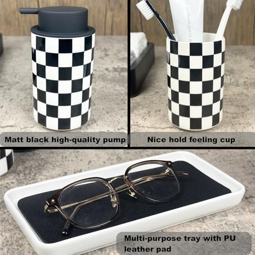 Bathroom Toothbrush Holder Set, Ceramic Soap Dispenser and Tooth Brush Holder Set, Modern Bathroom Accessories Sets Countertop, Black and White Checkered Bathroom Decor Set - Image 4