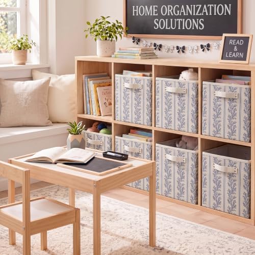 6 Pcs Fabric Indian Floral Cube Storage Bins 11 Inch Storage Basket with Handle, Linen Collapsible Fabric Box for Classroom Bedrooms Office Home Decoration (Grey stripe leaves) - Image 4