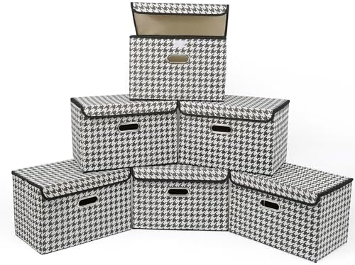 STOREONE Fabric Storage Cube Bins Foldable Organizer Container Collapsible Basket with Lids and Metal Handles, for Home, Bedroom, Closet 6 Pcs (Houndstooth) by STOREONE