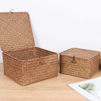 Moosky Wicker Shelf Baskets with Lid, Handwoven Seagrass Storage Basket Bins Square Gift Boxes for Shelves Home Decor Organizer (Coffee, Set of 4) - Image 4