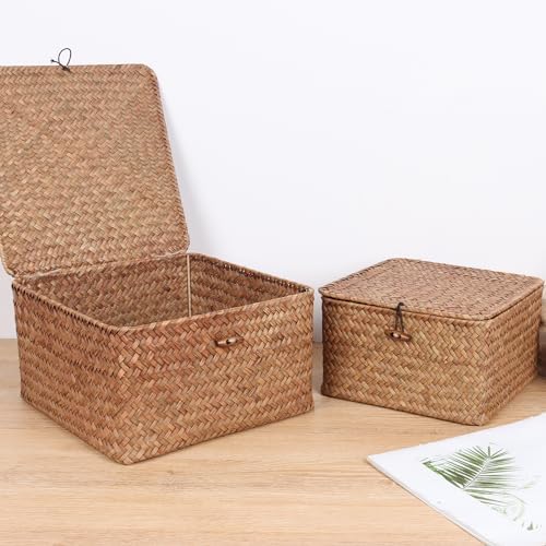 Moosky Wicker Shelf Baskets with Lid, Handwoven Seagrass Storage Basket Bins Square Gift Boxes for Shelves Home Decor Organizer (Coffee, Set of 4) - Image 4