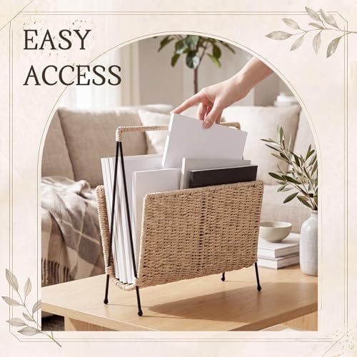 Novabright Hand Woven Magazine Holder with Metal Stand, Large Wicker Book Storage Basket, Decorative Newspaper Mail Storage Rack for Living Room, Bedroom, Bathroom, Home, Office, 13.78 x 14.17 x 3.94 - Image 4