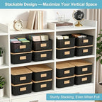 Bagnizer 4 Pack Plastic Storage Bins with Bamboo Lids, 6.2qt Stackable Storage Organizer Box with Lable for Pantry Shelves Drawers Desktop Office, 12"L x 8.3"W x 3.5"H, Black - Image 3