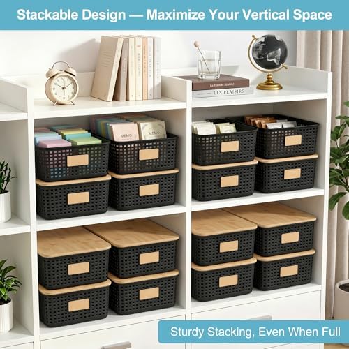 Bagnizer 4 Pack Plastic Storage Bins with Bamboo Lids, 6.2qt Stackable Storage Organizer Box with Lable for Pantry Shelves Drawers Desktop Office, 12"L x 8.3"W x 3.5"H, Black - Image 3