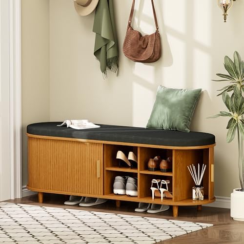 DHH 2-Tier Storage Bench,Wide Shoe Bench with Thickened Padded Seat Cushion, Mid Century Modern Fluted Sliding Door and Adjustable Shelf, for Entryway, Living Room, Bedroom (Yellow Walnut, 51.2”) - Image 3