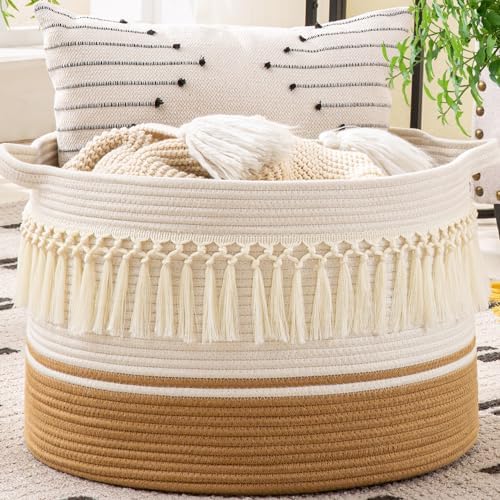 KAKAMAY Large Blanket Basket (20"x13"),Woven Baskets for storage Baby Laundry Hamper, Cotton Rope Blanket Basket for Living Room, Laundry, Nursery, Pillows, Baby Toy chest (White Fringe) by KAKAMAY
