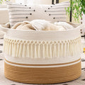 KAKAMAY Large Blanket Basket (20"x13"),Woven Baskets for storage Baby Laundry Hamper, Cotton Rope Blanket Basket for Living Room, Laundry, Nursery, Pillows, Baby Toy chest (White Fringe) by KAKAMAY