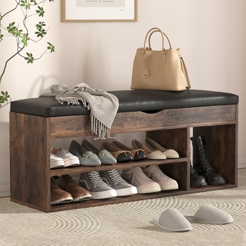 Apicizon 39 Inches Storage Bench with Padded Cushion, Shoe Bench with Storage Space, Upholstered Entryway Bench for Living Room, 2-Tier Shoe Rack Organizer, Brown by APICIZON