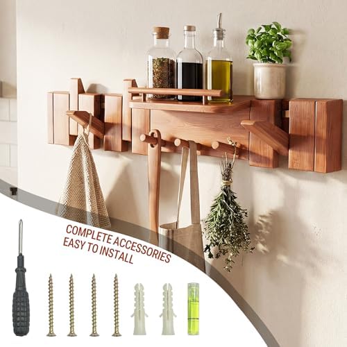 Mid Century Modern Wood Coat Rack Wall Mount with Shelf, 7 Hooks, Walnut - Image 6