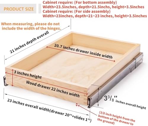 Mulush 23”W x 21”D x 3”H Soft Close Slide Out Wood Drawer Organizer for Kitchen, Bottom and Side Assembly (Cabinet Opening>23.5 inches for Bottom Assembly, Opening= 23 inches for Side Assembly) - Image 3