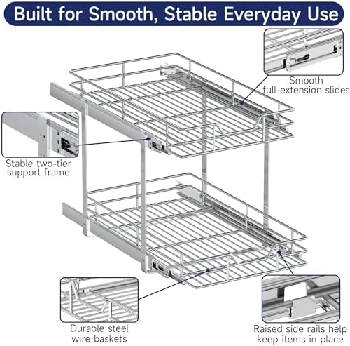 2-Tier Pull Out Cabinet Organizer, 14.5" W x 21.5" D, Heavy Duty Dual Slide Out Shelves for Base Cabinets, Chrome Wire Basket Drawer for Pantry, Kitchen & Bathroom Storage - Image 5